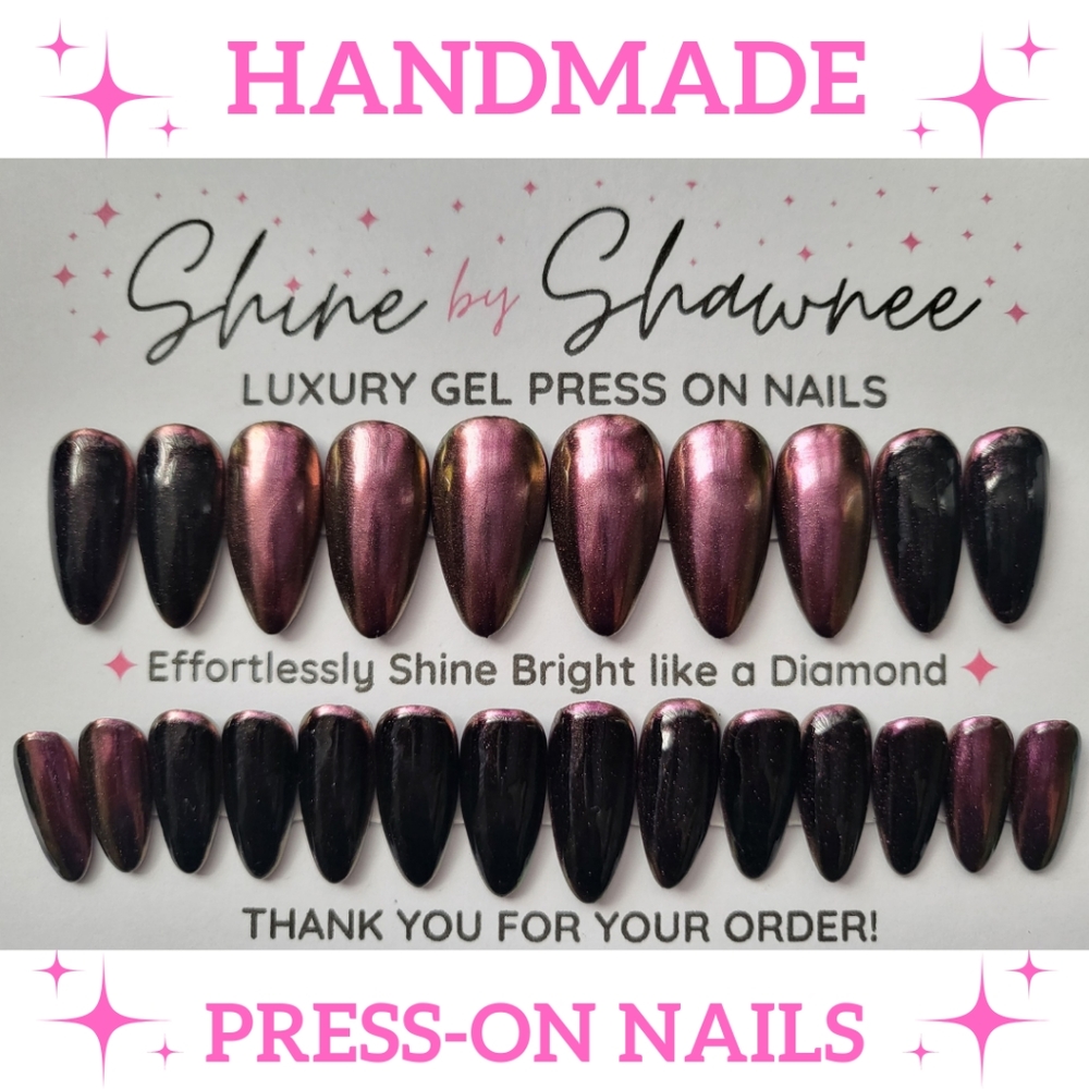 Handmade Luxury Press-On Nails | Sturdy & Reusable | PINK BLACK CHROME